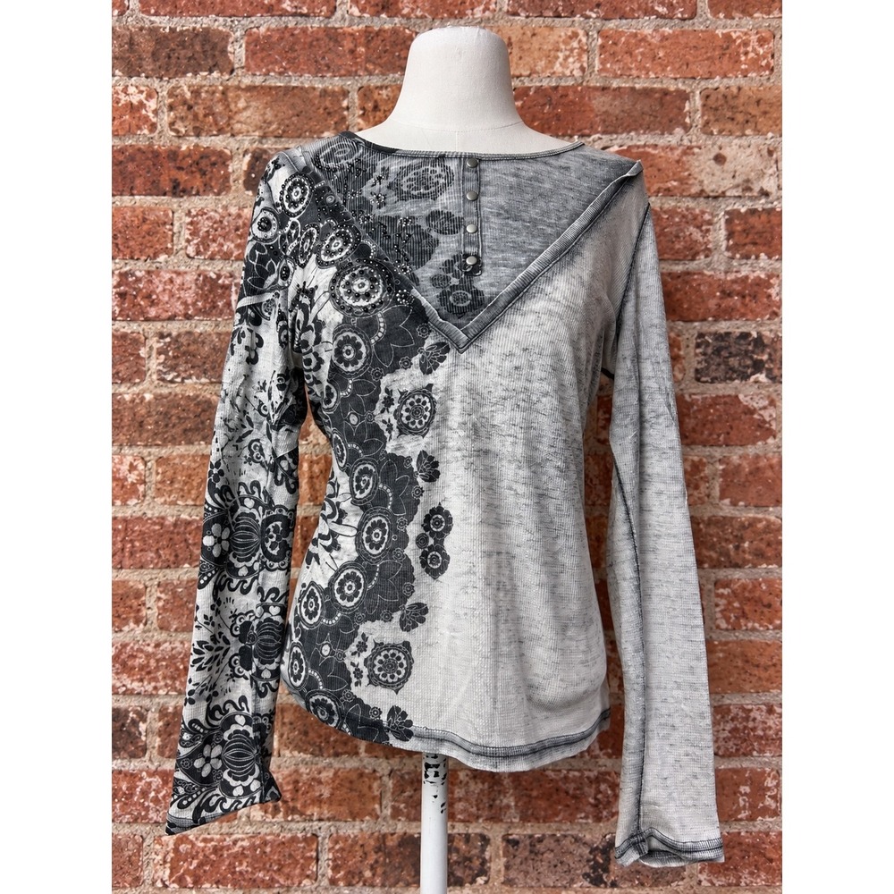 Y2K Burnout Floral Rhinestone Henley Thermal Top M Boho 2000s Fall Whimsigoth